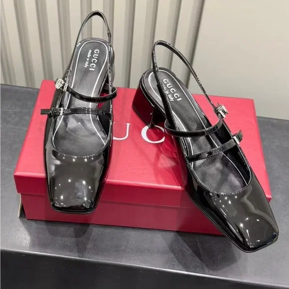 Gucci Glossy Black Slingback Heels - Picture 3 of 5